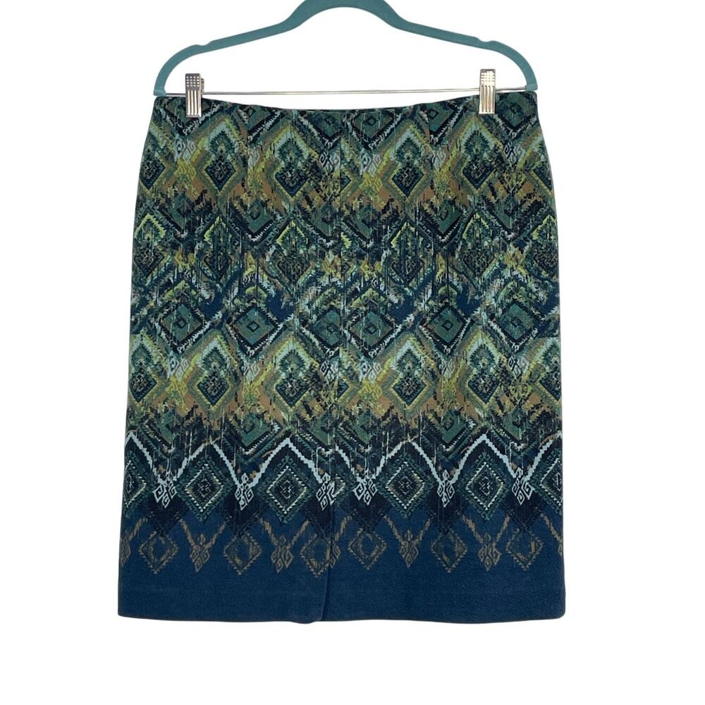 J Jill Green Aztec Geometric Pullon Pencil Straight Skirt Size Medium Tall MT